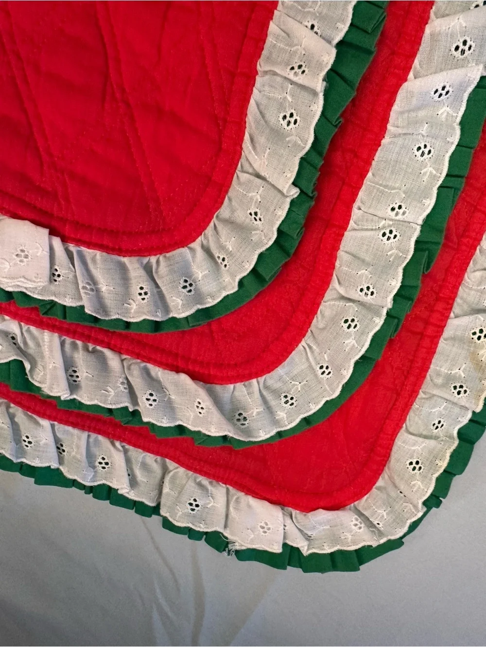 3 Handcrafted Vintage Quilted Red Placemat with White Eyelet Lace and Green Trim